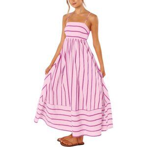 Women's Pink Striped Back Smocked Spaghetti Strap Cut Out Maxi Dress